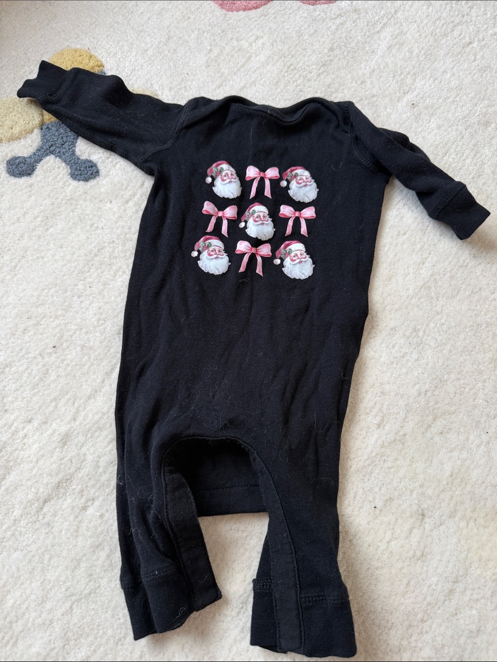 Black Kids One-Piece with Pink Bow & Santa Face Print